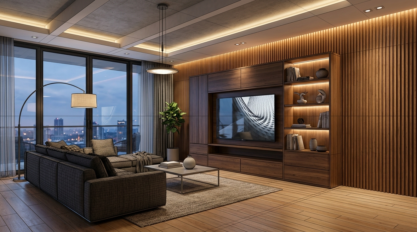 3D Architectural Render of Luxury Living Room & TV Wall Unit