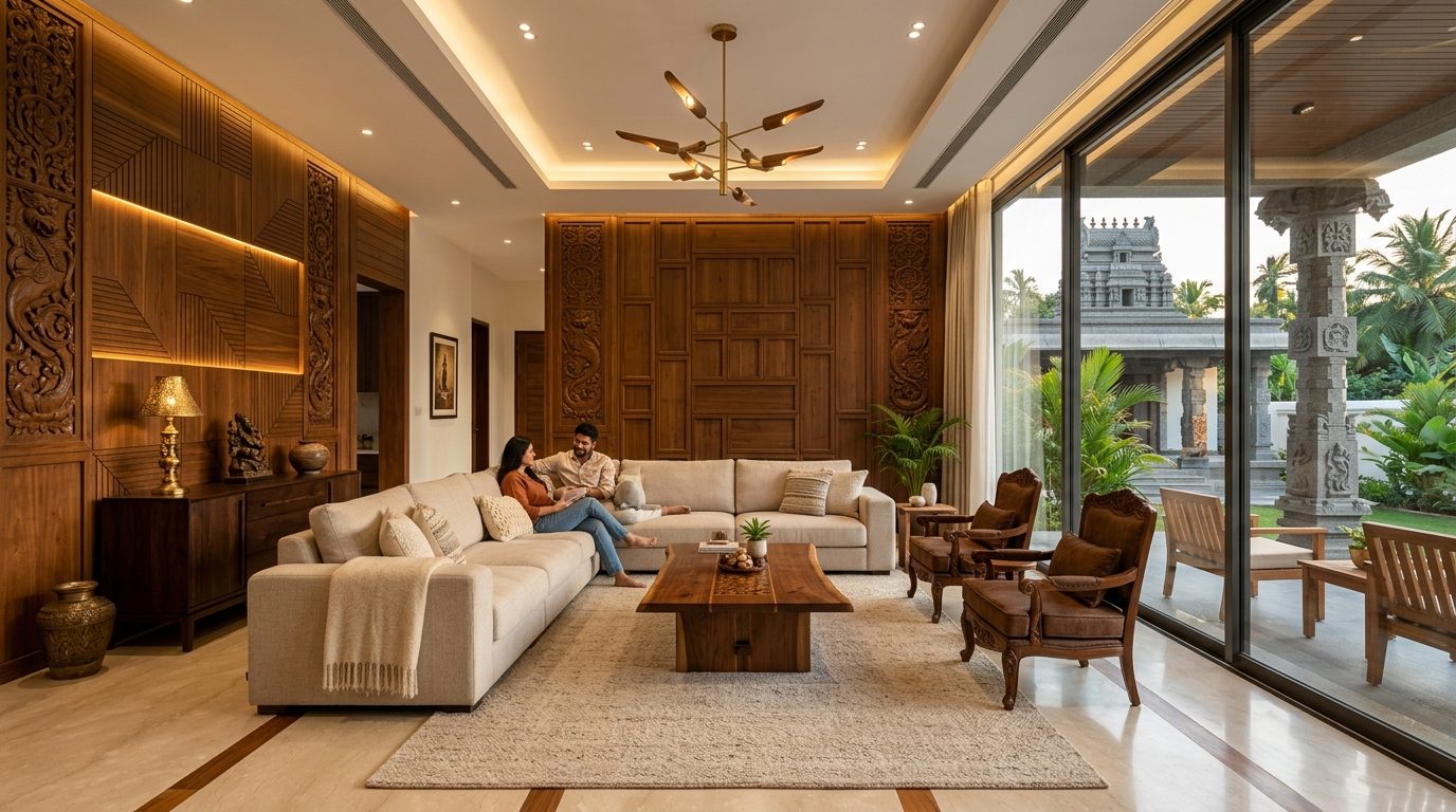 Luxury handcrafted wood furniture living room interior designed by Sai Indirabala Furniture